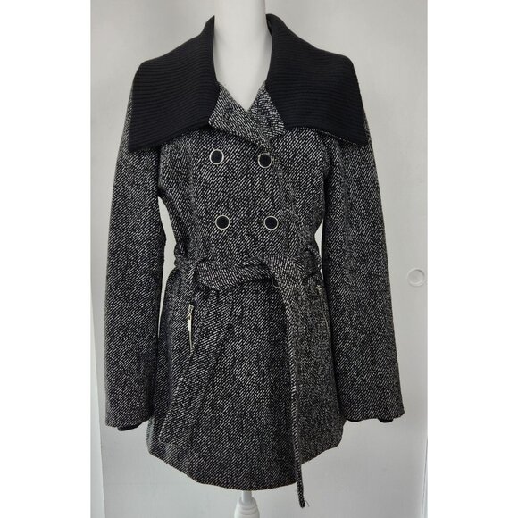 Guess Women's Black And White Tweed Wool Blend Belted Button Front Pea Coat, XL - Picture 1 of 9